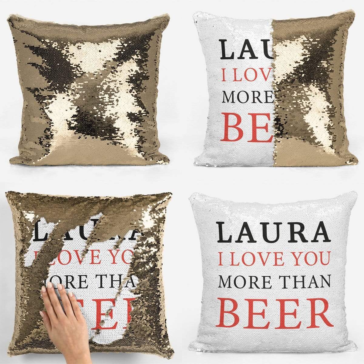 I Love You More Than Beer Sequin Magic Cushion